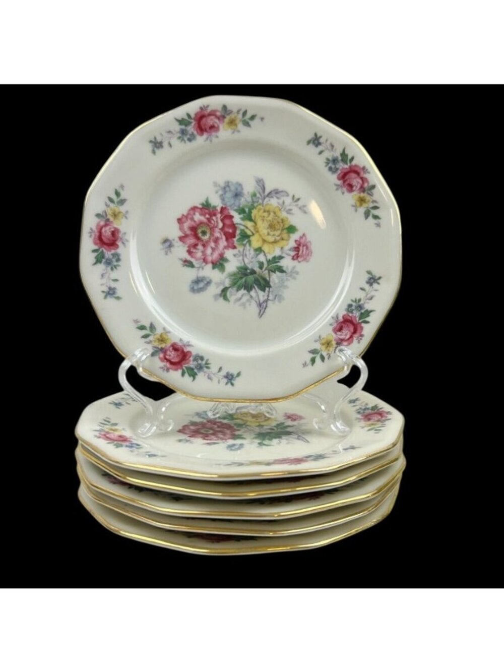 Vintage Crown Imperial 6 Dessert Plates Czechoslovakia Floral Cream Gold Trim